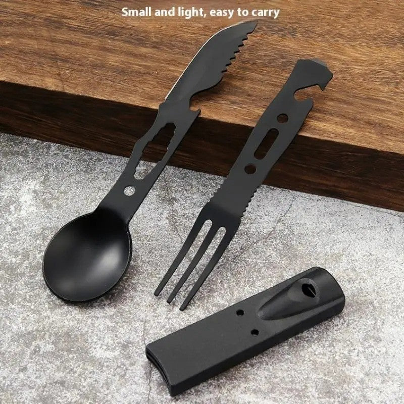7 in 1 Camping Survival Multi Tool Set with Fork, Knife, Spoon, and Whistle
