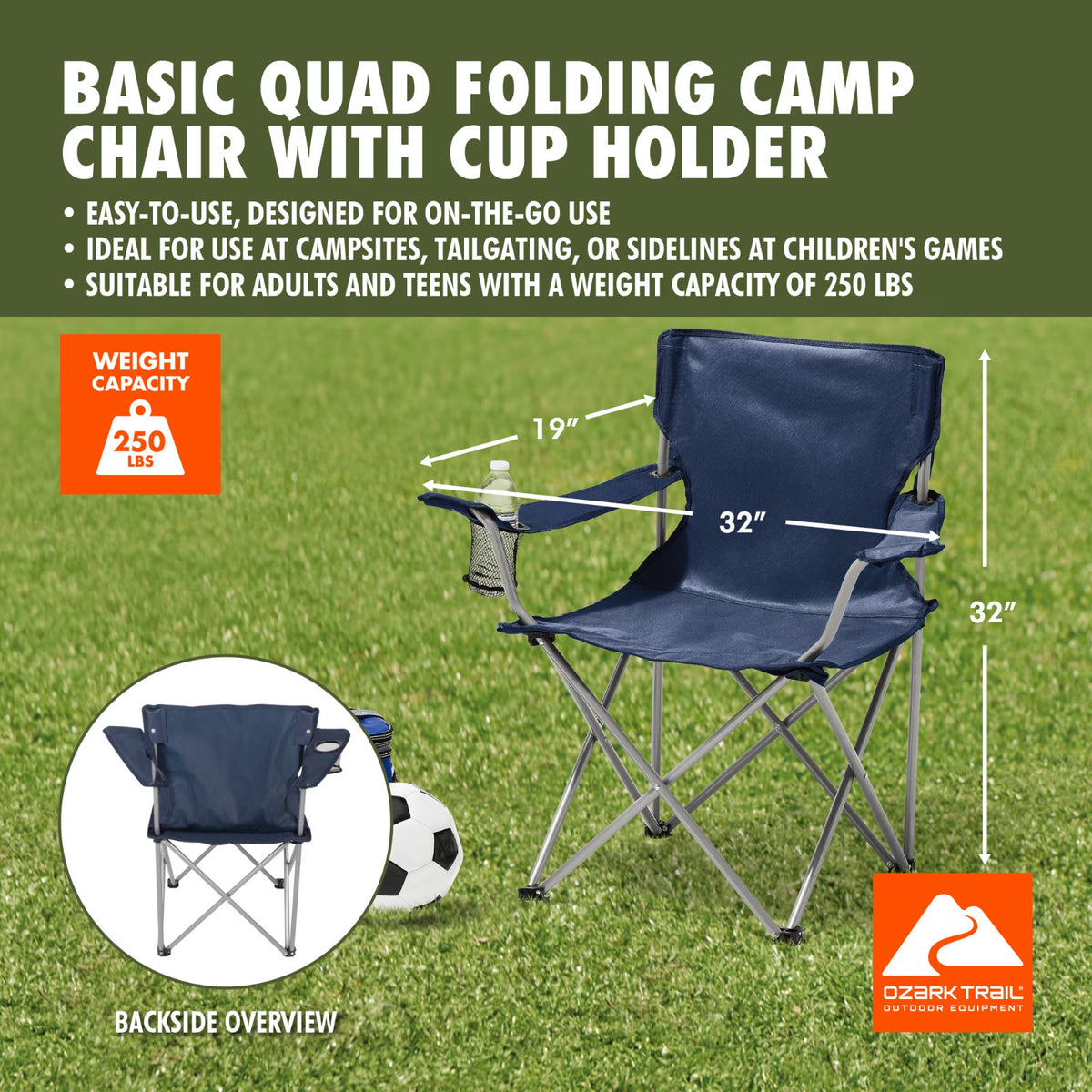 Quad Folding Camping Chair with Cup Holder - Dark Blue, Supports 250 lbs
