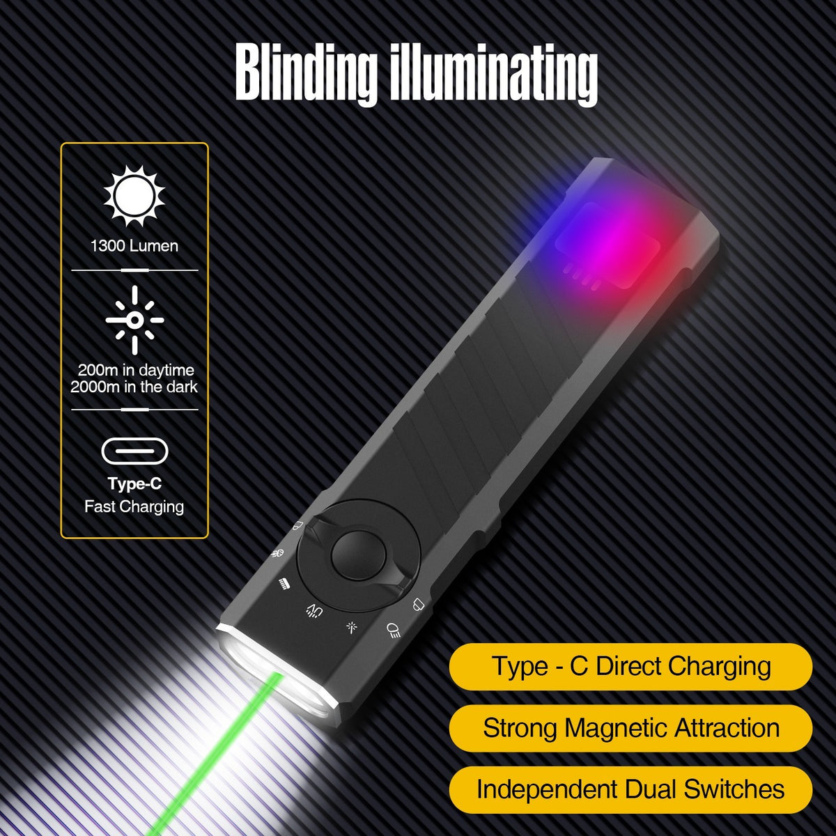 1300 Lumens Aluminum EDC Flashlight with Green Beam and Purple LED, Multi-Function Utility Light