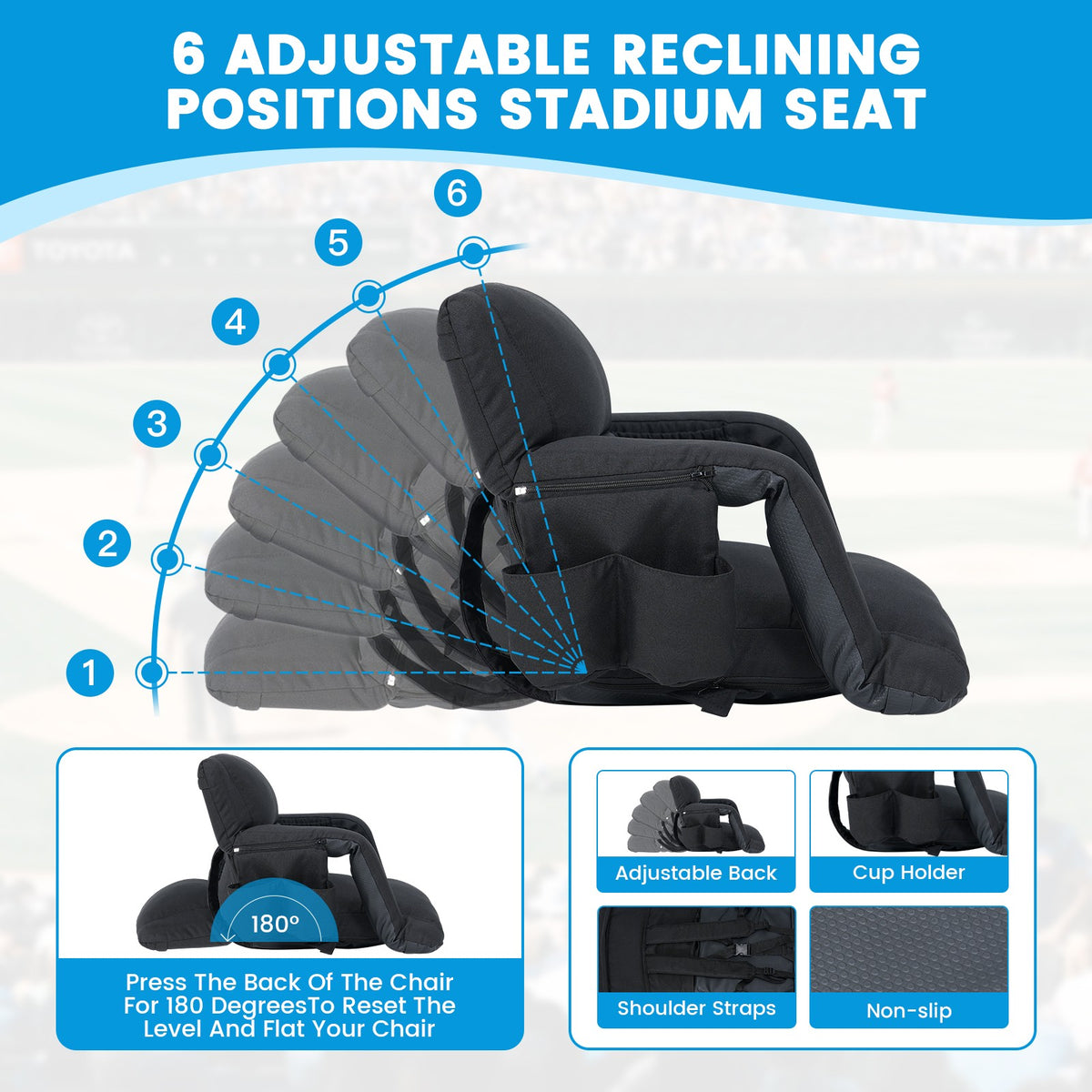 5-Inch Reclining Stadium Seat with Back Support and Sofa-Style Comfort