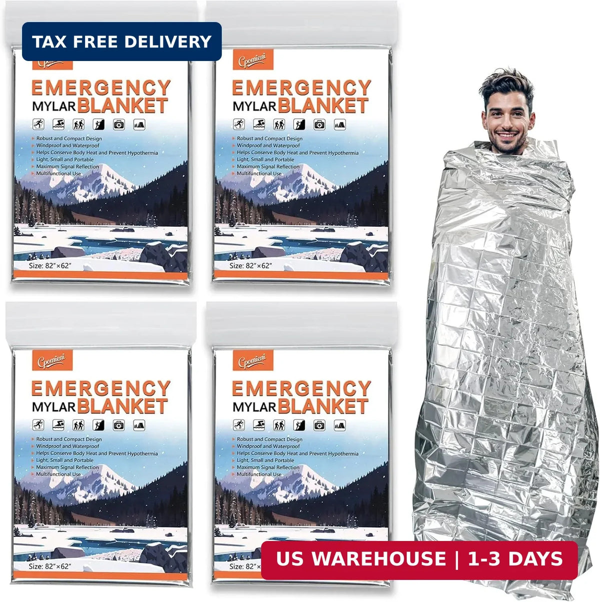 Large Emergency Mylar Thermal Blankets 82x62 Inches - Pack of 4