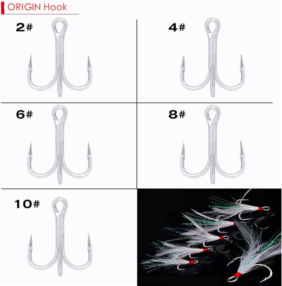 50Pcs Strong Feather Dressed Treble Fishing Hooks Set - Sizes 2-10
