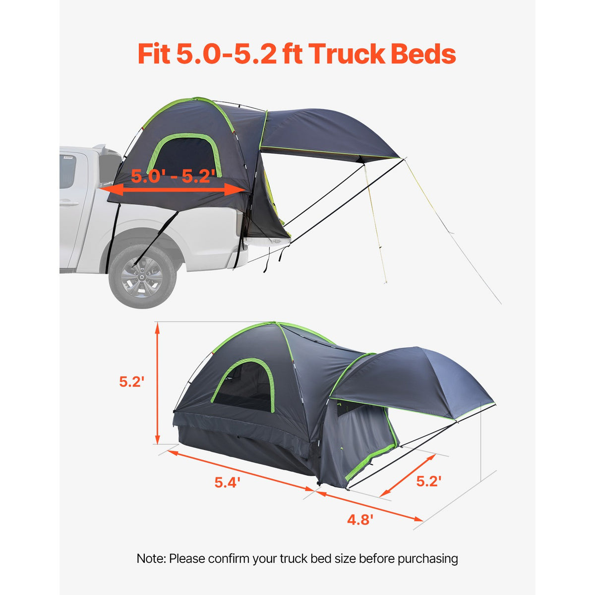 5.0-5.2ft Truck Bed Tent with Awning for Outdoor Camping, Waterproof 210D Oxford