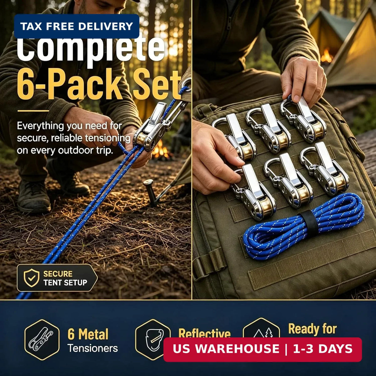 Heavy-Duty Paracord Rope Tensioners with Roller - 6 Pack Camping & Outdoor Gear