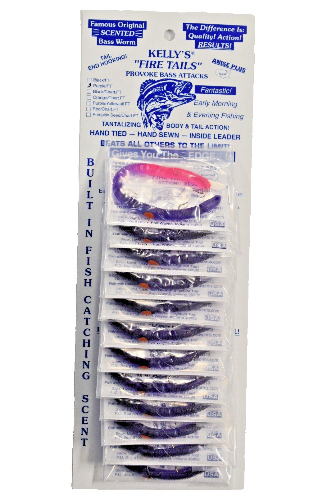 Pre-Rigged Bass Worms Set - 12 Purple Fire Tail Scented Plastic Lures