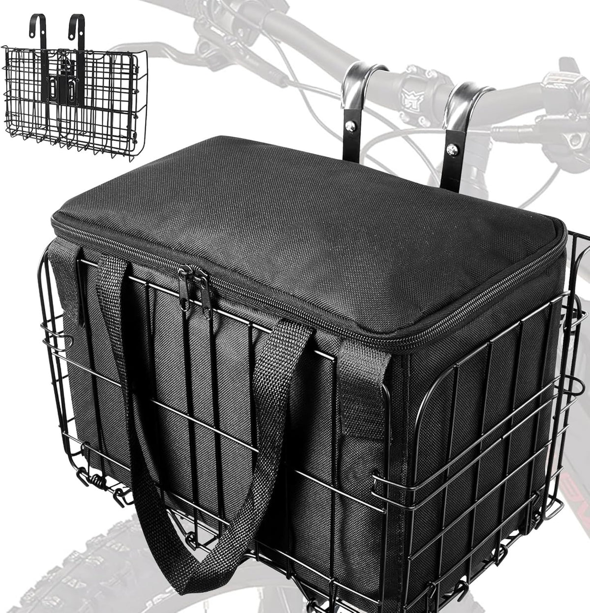 Front Folding Bicycle Basket with Removable Waterproof Liner & Quick Release