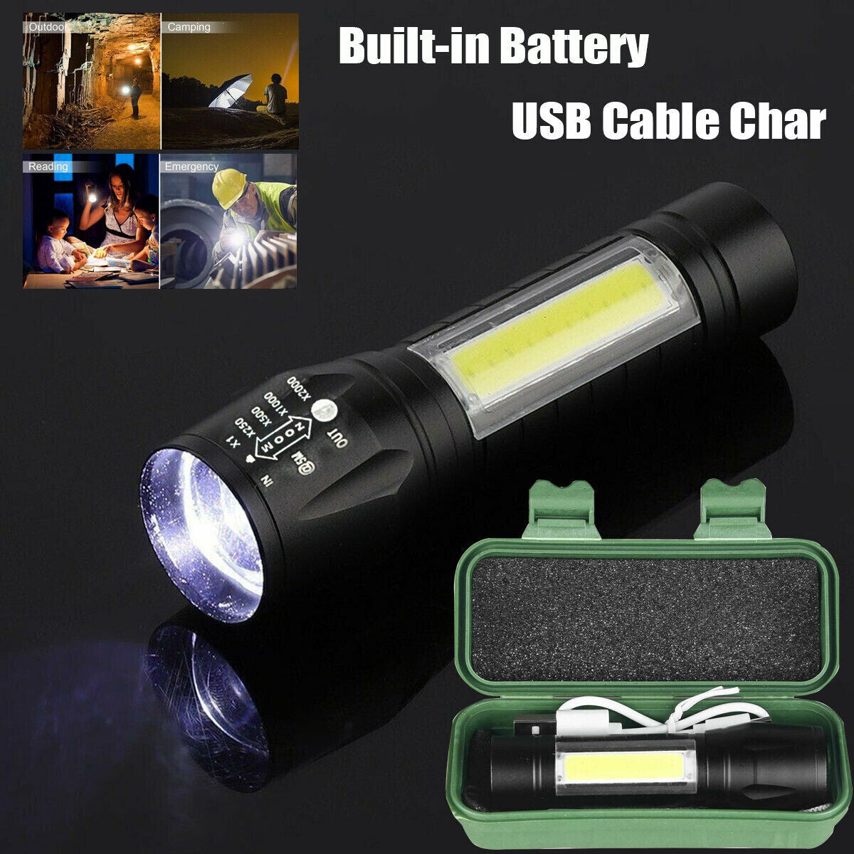Rechargeable LED Tactical Flashlight 4 Pack with Zoomable Beam & 3 Modes
