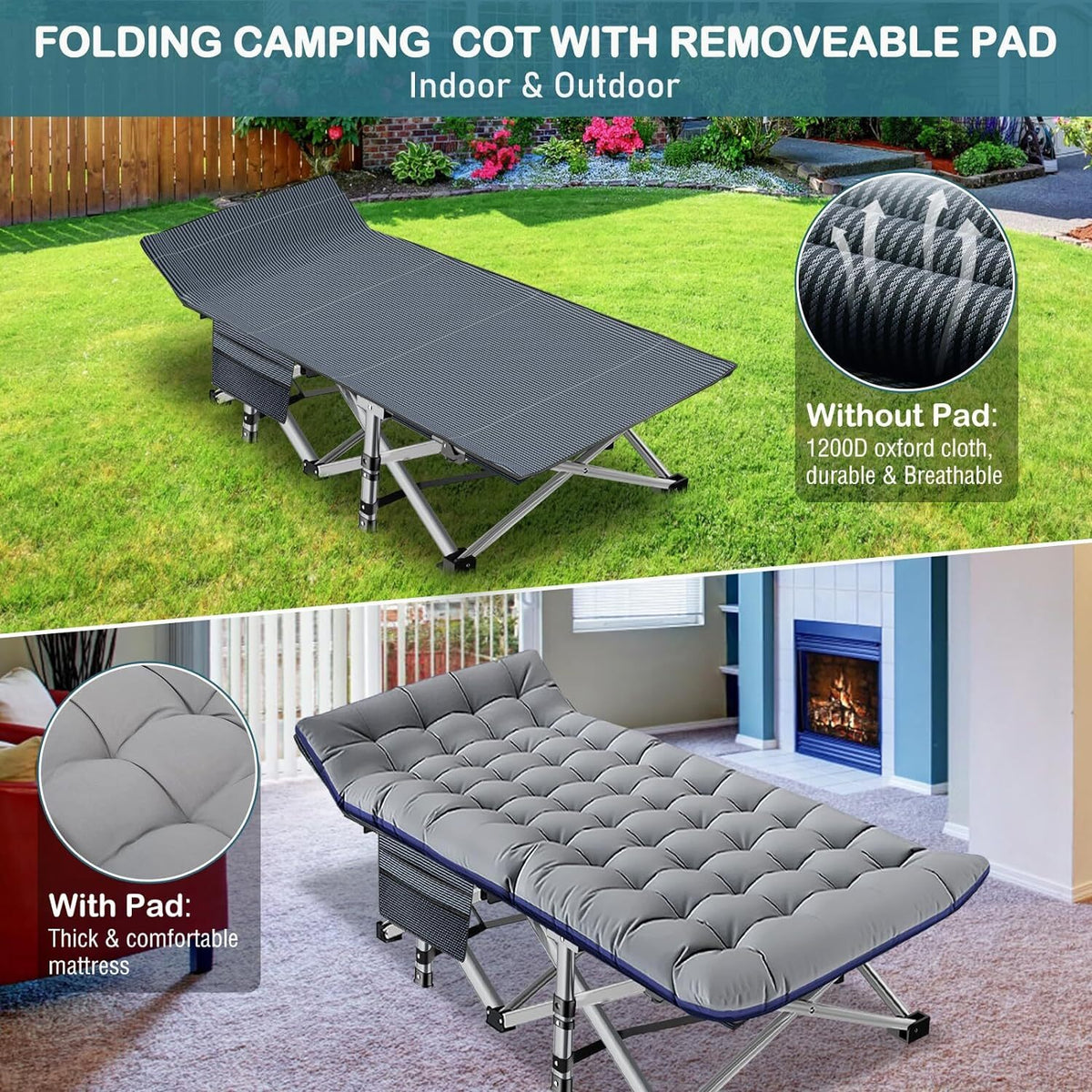 XXL Camping Cot with Mattress - Heavy Duty Portable Bed for Adults