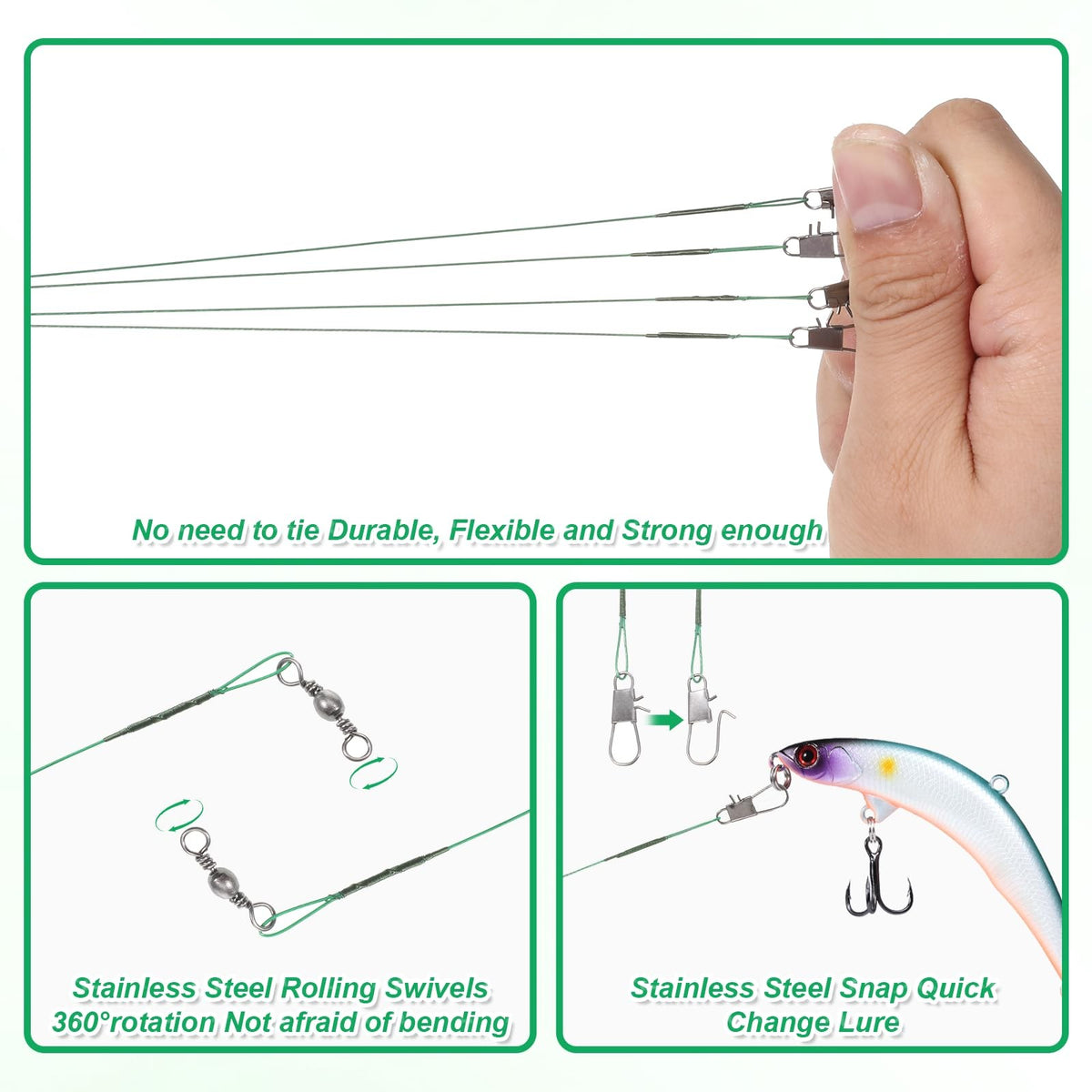 Fishing Leaders with Swivels 50 Pack Steel Wire for Saltwater & Freshwater Fishing