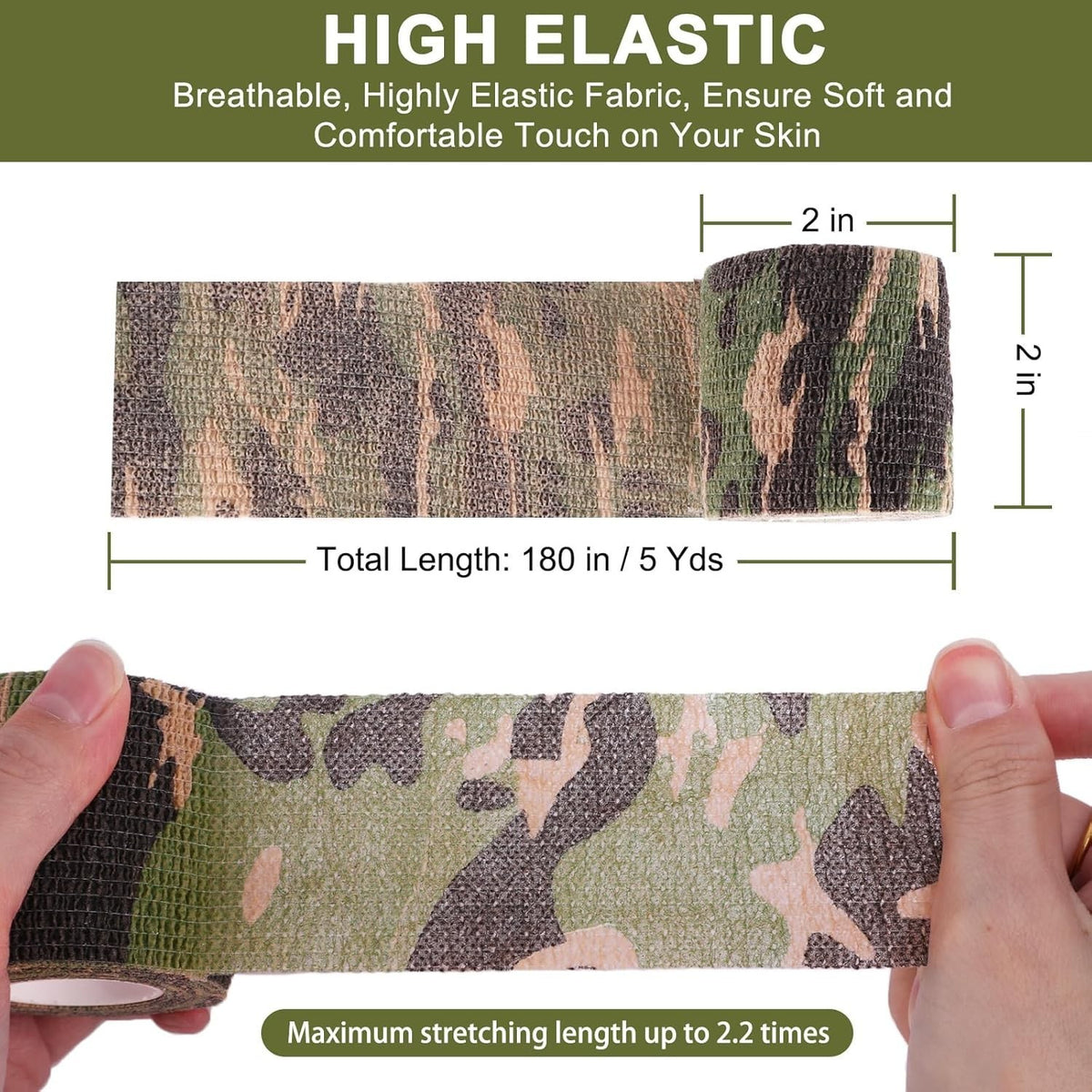 Camouflage Fabric Tape Wrap for Hunting, Airsoft, and Outdoor Gear - 2in x 5yd, 15 Rolls