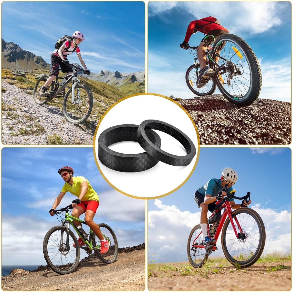 Bike Carbon Fiber Headset Spacers Set - 6 Sizes for 1-1/8 Inch Stems, Matte Black