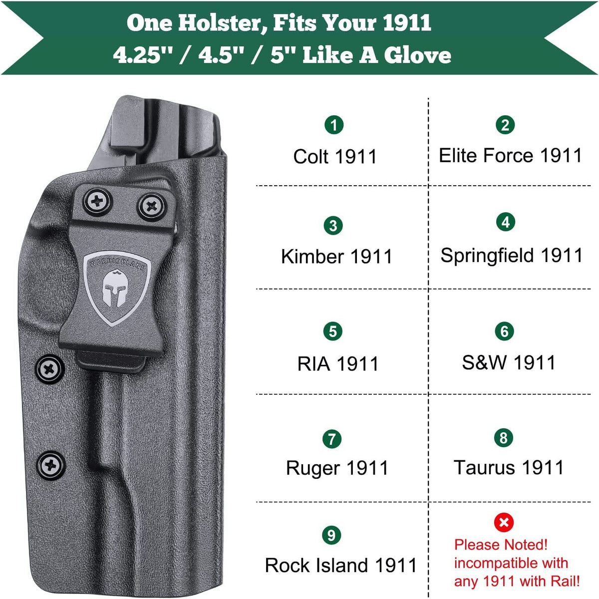 IWB Kydex Holster for 1911 No Rail 5'' Handguns - Concealed Carry