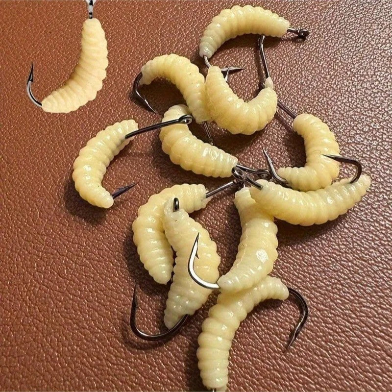 Fishing Lure Set with Rubber Maggots and Hooks for Bass Trout Crappie Bluegill - Multiple Quantities