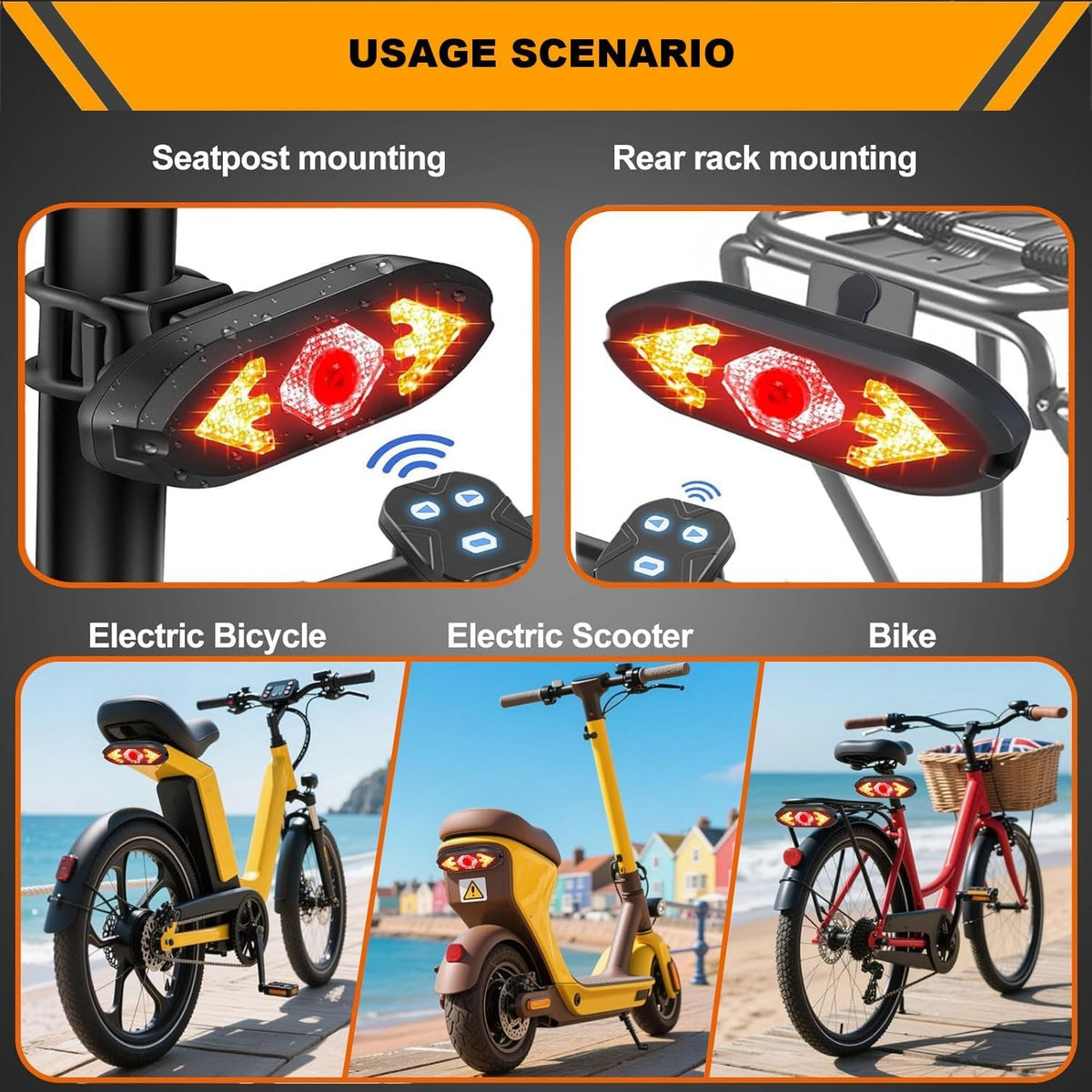 Wireless Bike Tail Light with Turn Signals Remote Control USB Rechargeable