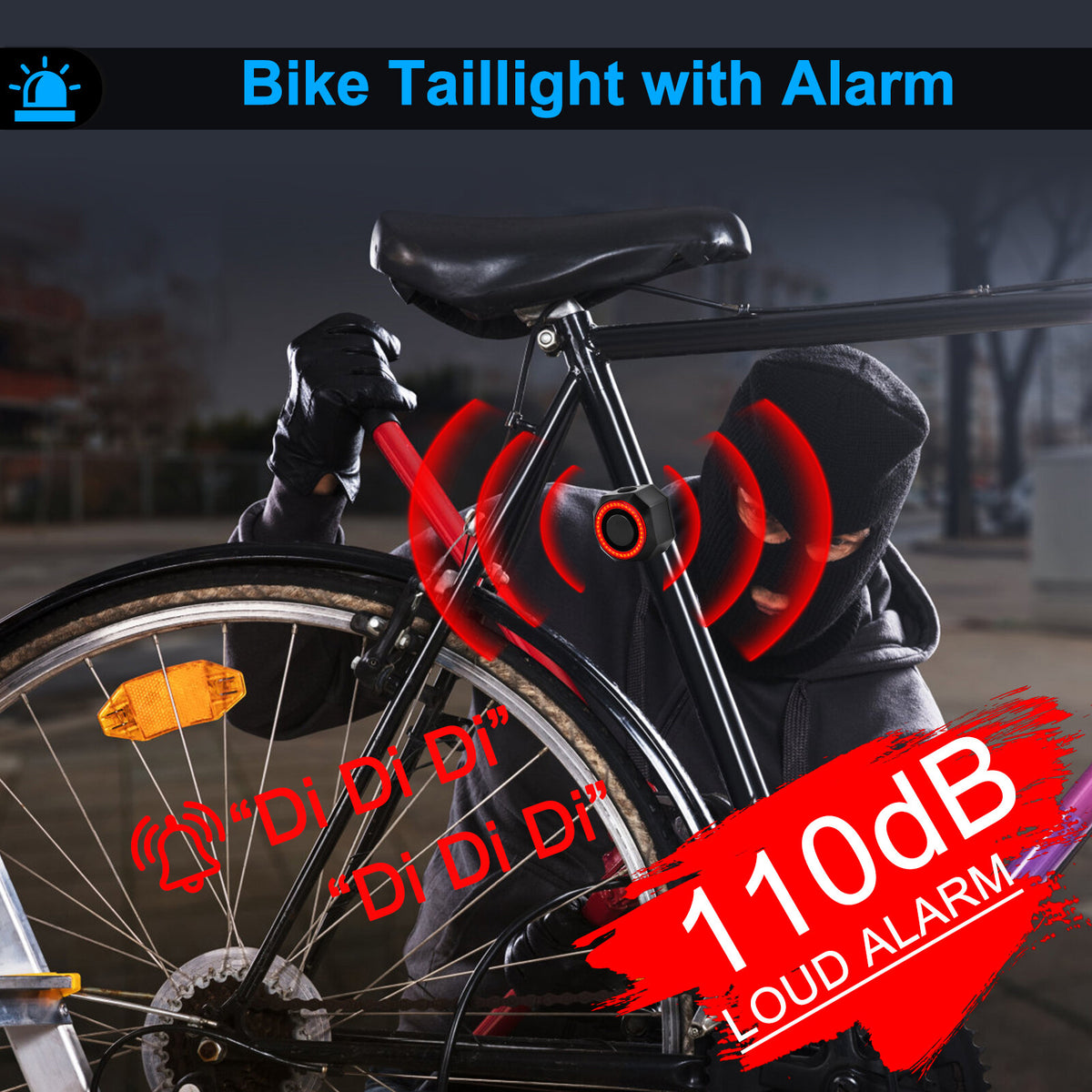 Wireless Waterproof Bike Alarm with Remote & Taillight USB Charging - 115dB