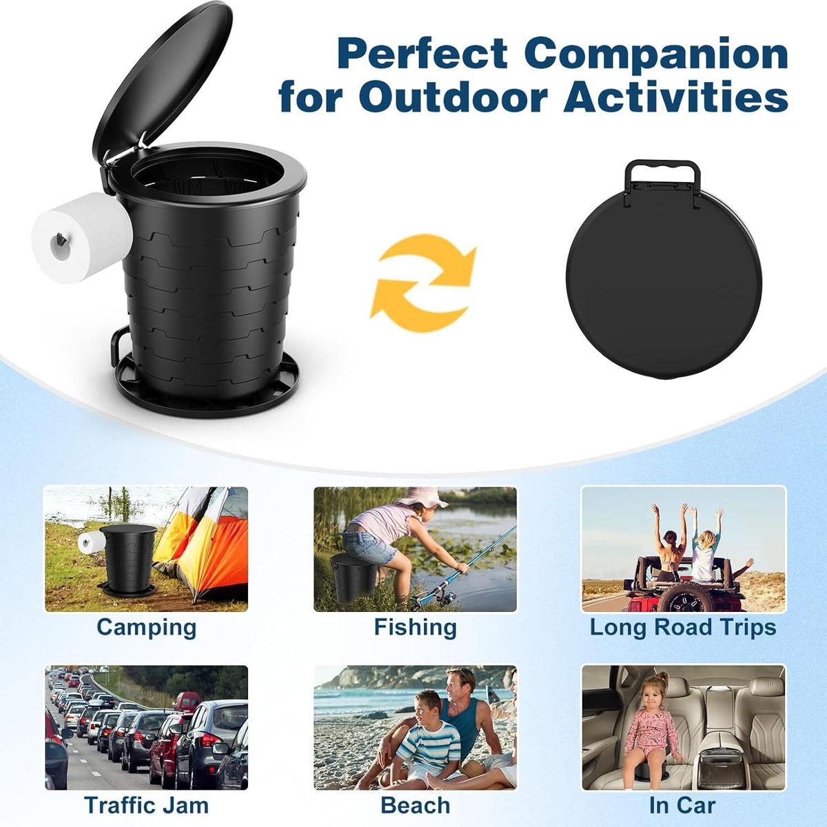 Portable Toilet for Camping with Retractable Design, Paper Holder & Lid