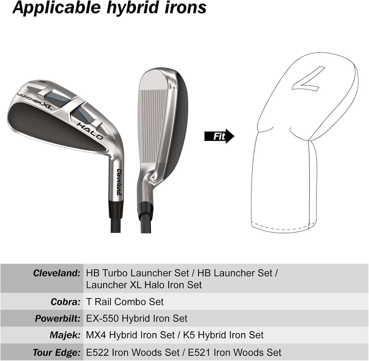 Golf Iron Head Covers Set - Black Hybrid Club Protectors with Large Gold Numbers