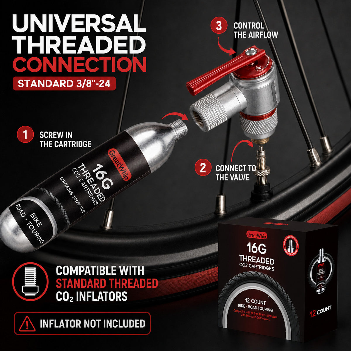 16g CO2 Bicycle Tire Inflator Cartridges - Pack of 12