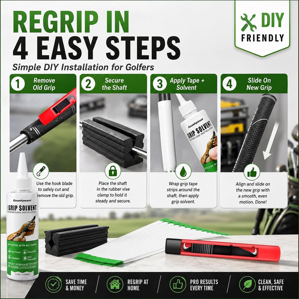 Golf Regripping Kit with Grip Solvent, Double-Sided Tape, Hook Knife & Vise Clamp