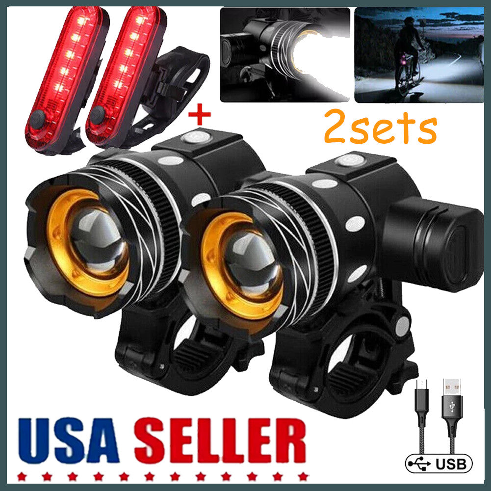 USB Rechargeable Bicycle Front and Rear LED Lights Set - Waterproof Cycling Lights