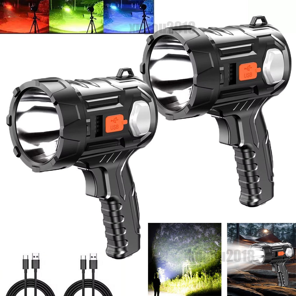 Rechargeable LED Spotlight Flashlight 2-Pack - Solar & USB Powered, Waterproof, Long Range