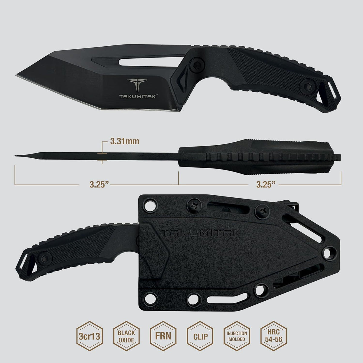 6.5-Inch Full Tang Tanto Fixed Blade Knife with MOLLE Webbing Clip