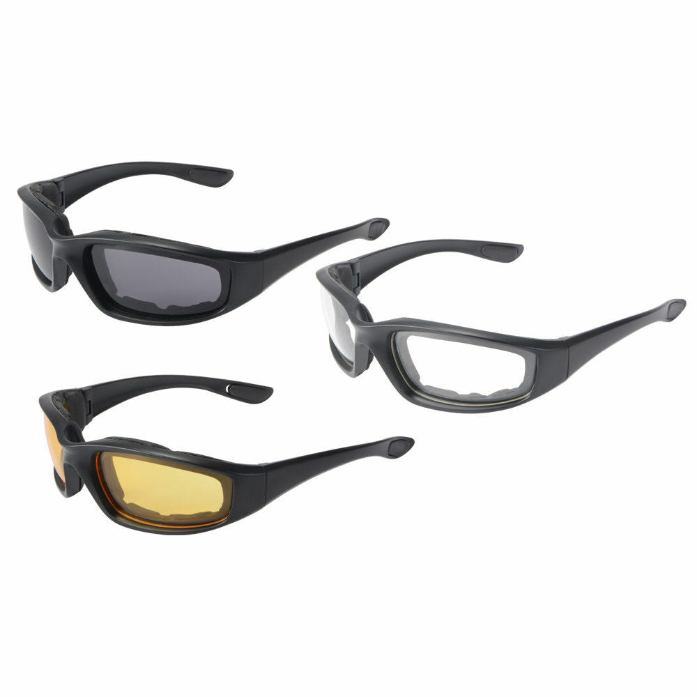 Motorcycle Riding Glasses 3 Pairs UV400 Shield Clear Smoke Yellow Padded Comfortable