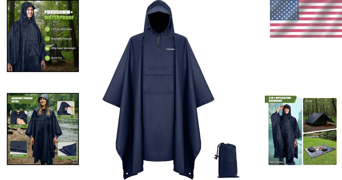 Adult Waterproof Rain Poncho with Hood and Pocket - Reusable Lightweight Outdoor Gear