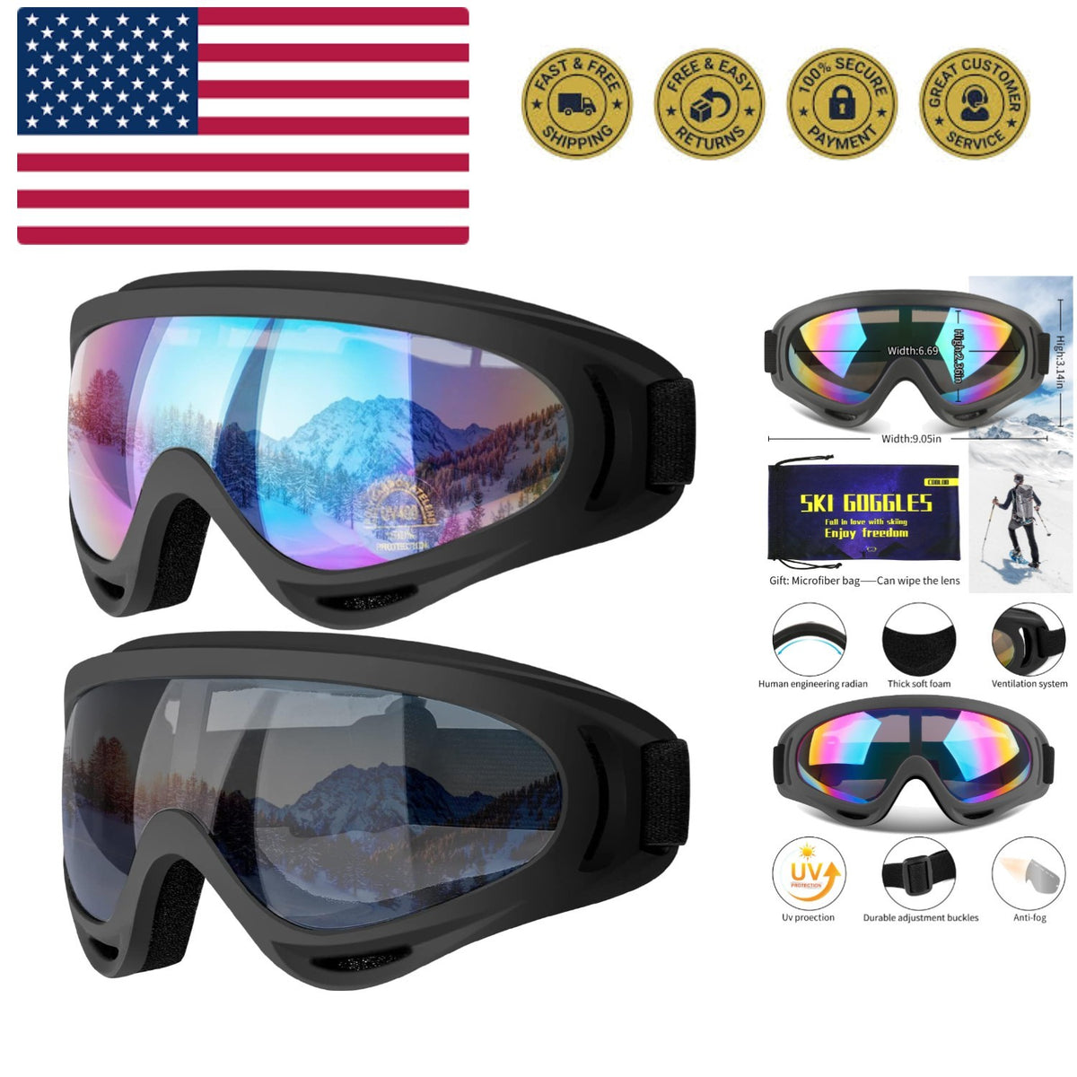 Unisex Ski Goggles 2-Pack UV Protection Snowboard & Winter Sports Eyewear