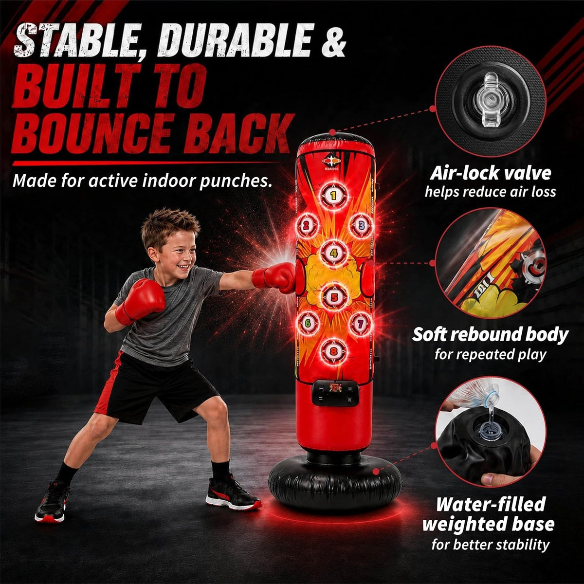Kids Inflatable Punching Bag Set with LED Targets, Gloves, Mat & Pump