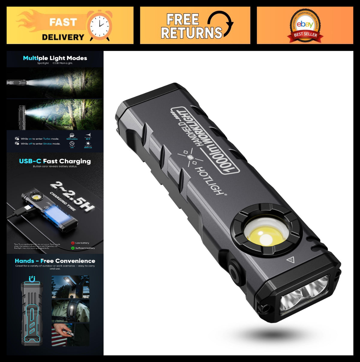 Rechargeable Tactical Flashlight 1000 Lumens with Magnetic Base & Pocket Size