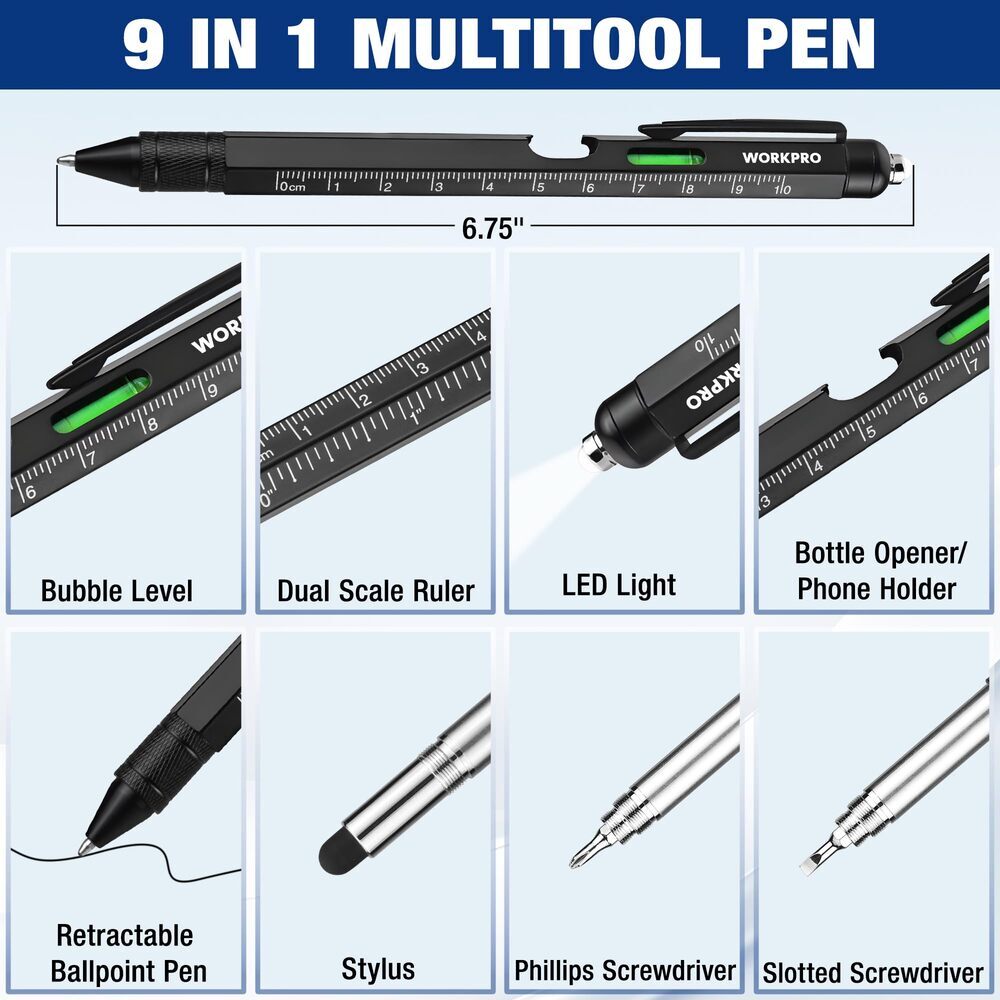 Multi-Tool Pen Set 2-Pack with 9 Functions, Durable Aluminum & Steel