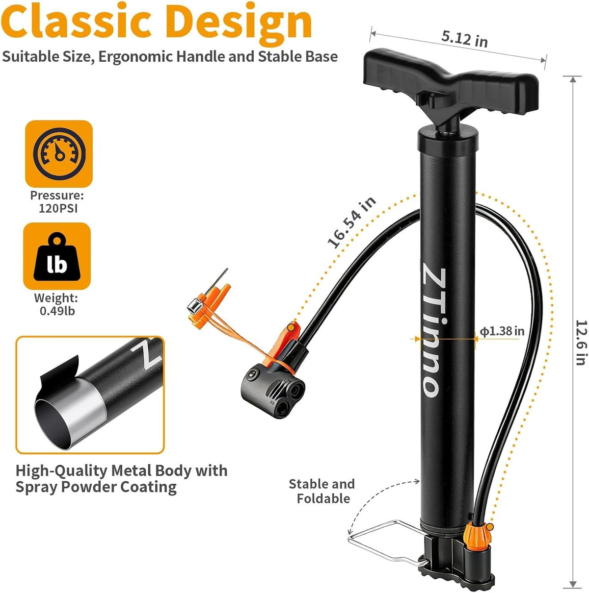 Bike Floor Pump 160 Psi with Gauge - High Pressure Bicycle Pump for All Bikes