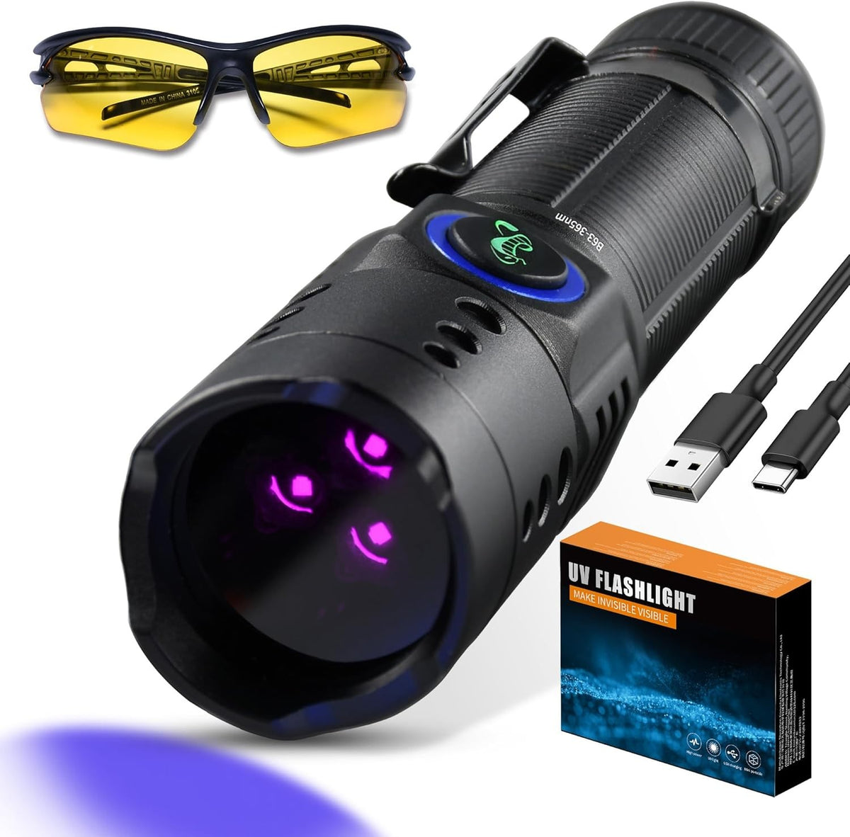 High Power 20W 365nm UV Flashlight with 3 LEDs, Rechargeable, Security & Fluorescent Inspection