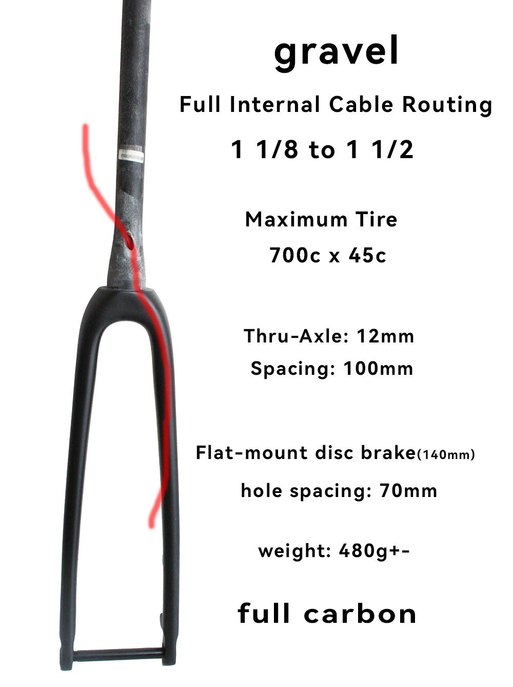 700C Gravel Bike Fork Carbon Tapered 1-1/8 to 1-1/2 with 12mm Thru Axle