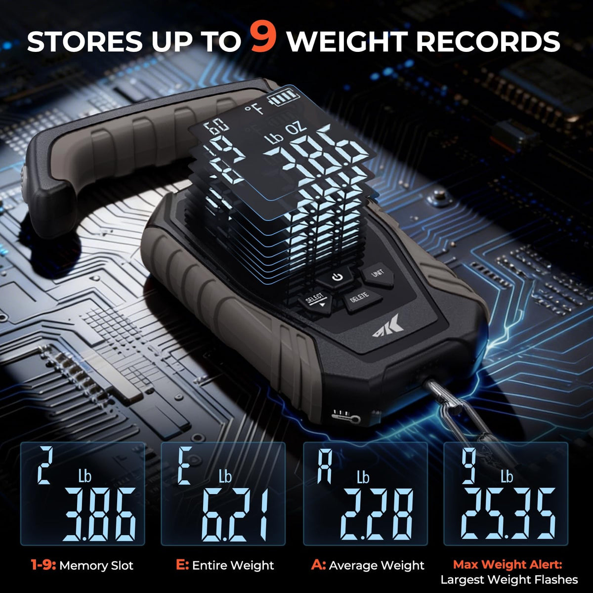 120 lb Waterproof Fishing Scale with Large Display, Tare & Temperature Sensor