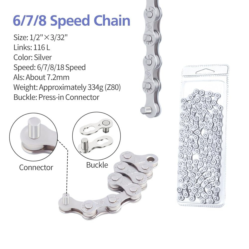 6/7/8 Speed Bike Chain for Road and Mountain Cycling - Durable Silver Chain