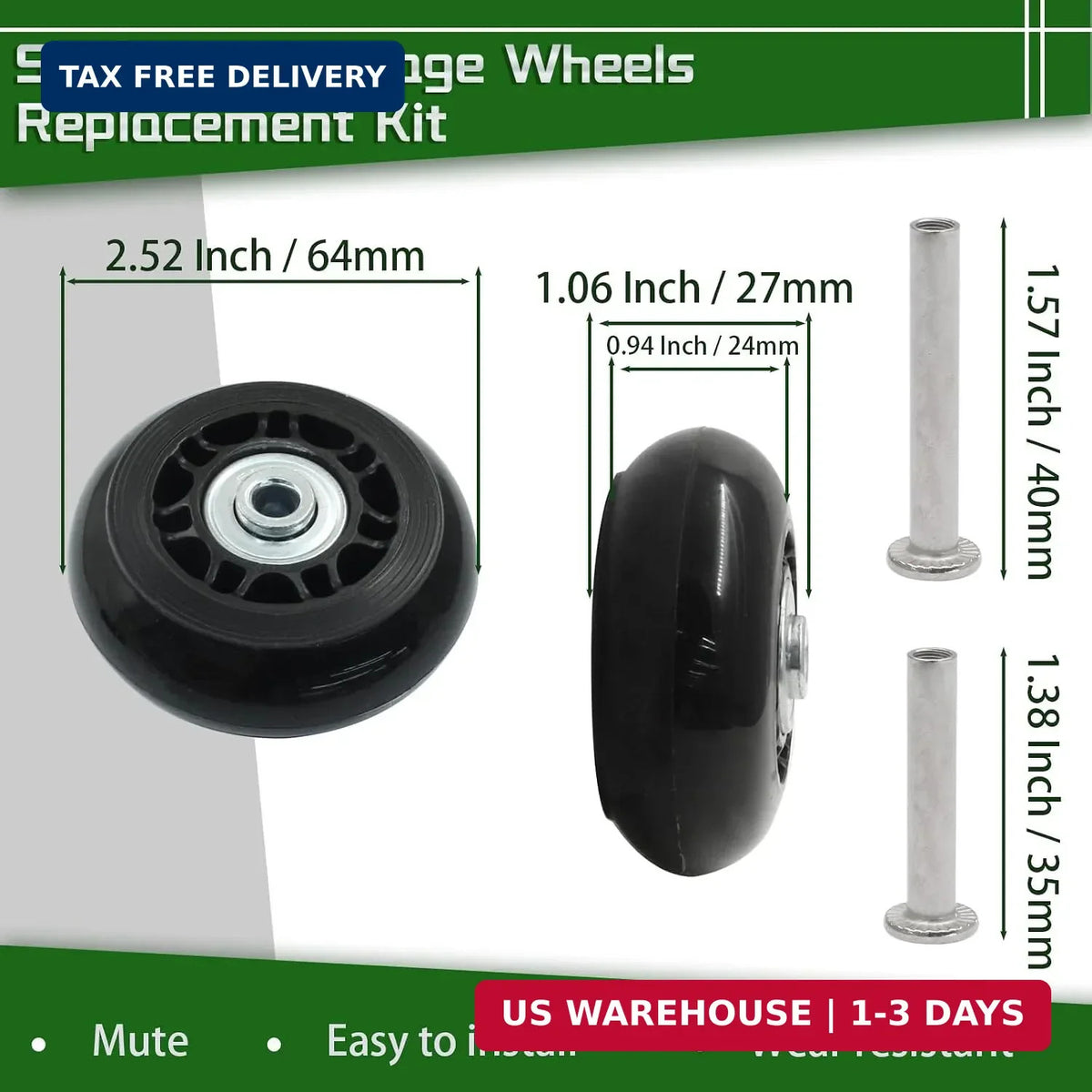 2 Pack Luggage Replacement Wheels 64mm Rubber Suitcase Casters Set