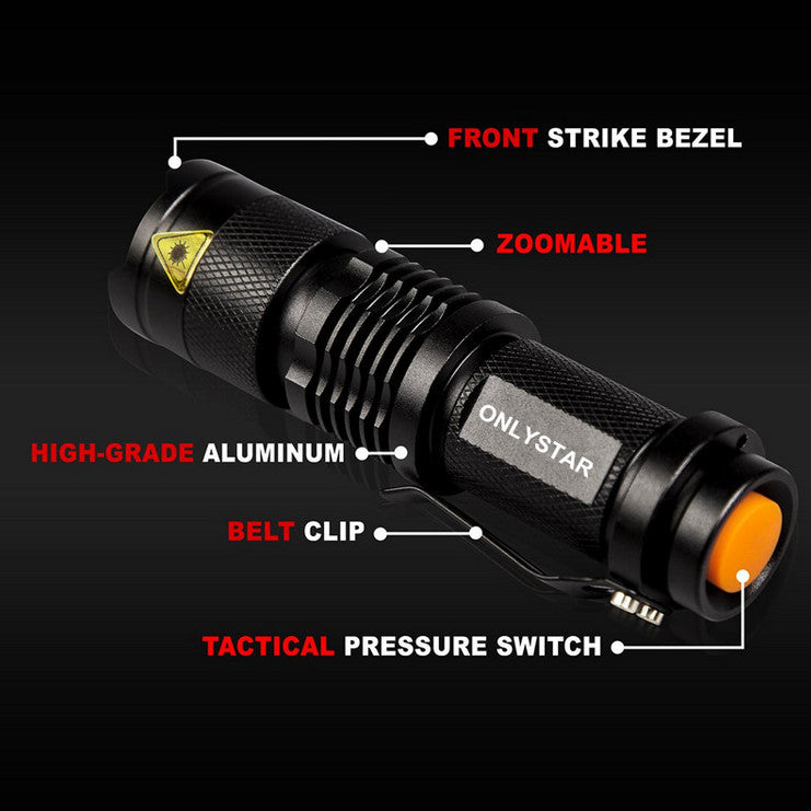 Mini Tactical Flashlight 3-Pack Focus Adjustable 300 Lumens IPX-6 Water Resistant