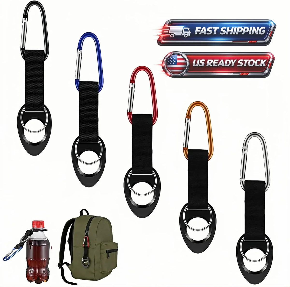 Silicone Water Bottle Holder with Carabiner & Key Ring 5-Pack for Hiking Camping