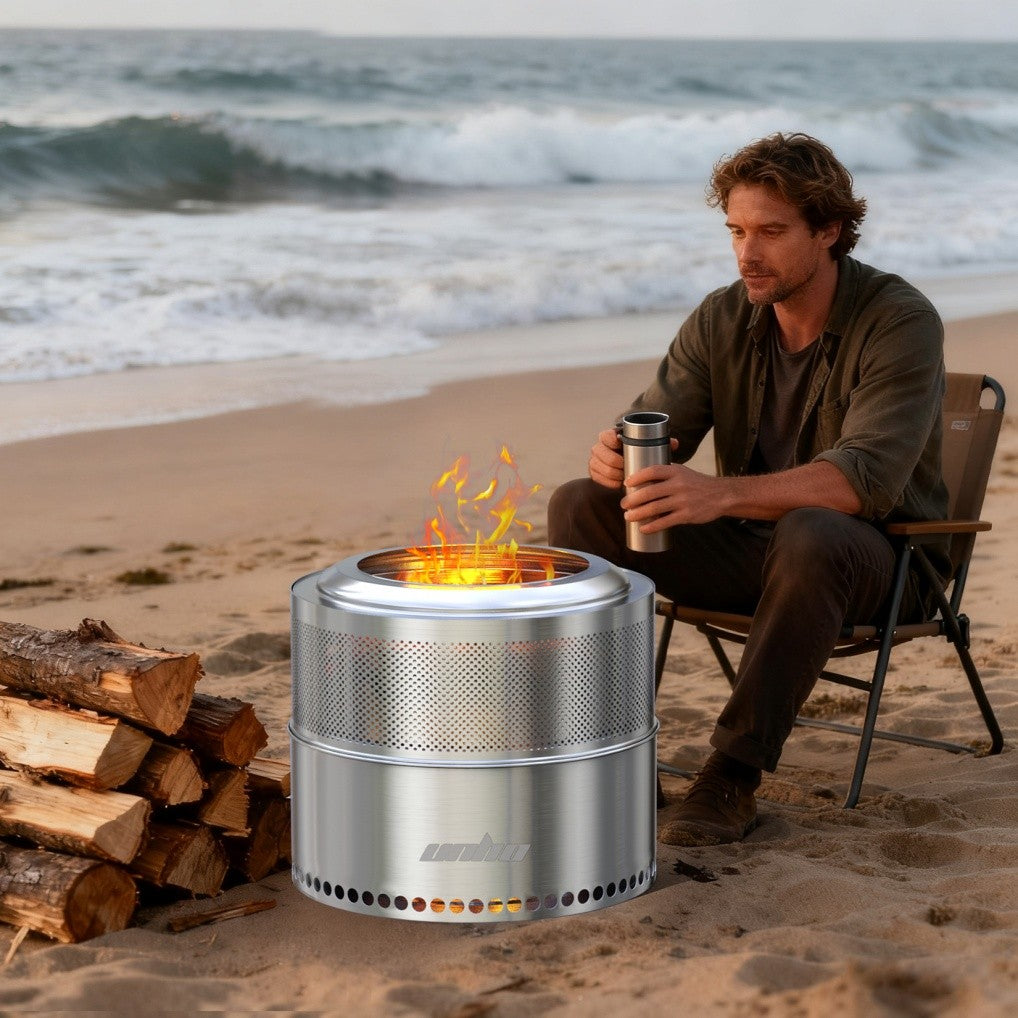 Large Smokeless Stainless Steel Fire Pit for Outdoor Wood Burning - Portable, 4-6 People