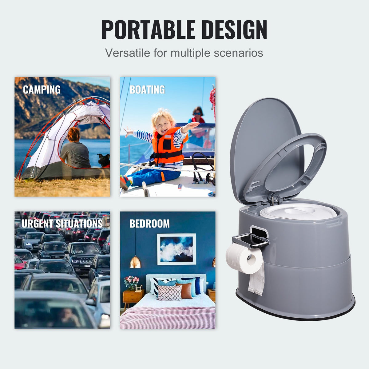 Portable Camping Toilet with Detachable Inner Bucket, Phone Shelf & Paper Holder