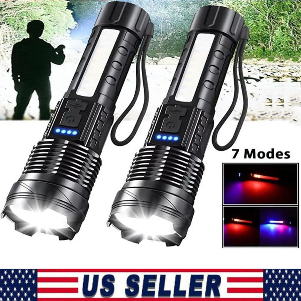 Rechargeable Super Bright Telescopic Zoom Flashlight with 3 Color Modes - 2 Pack