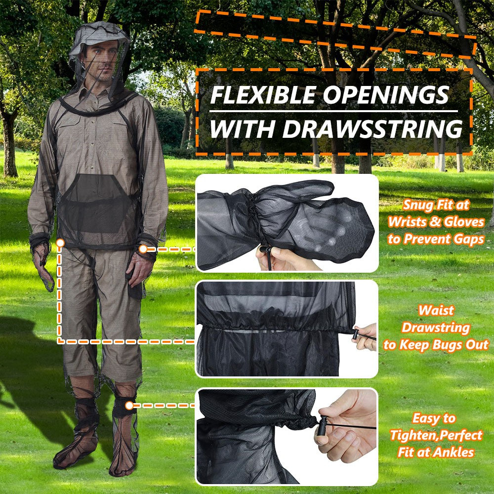 Unisex Mosquito Suit Jacket with Hood and Mitts Outdoor Mesh Bug Protection