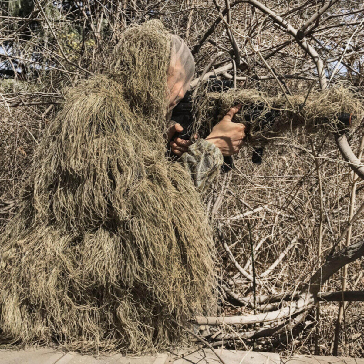 Camouflage Ghillie Suit for Hunting and Birdwatching - Tan 5-in-1