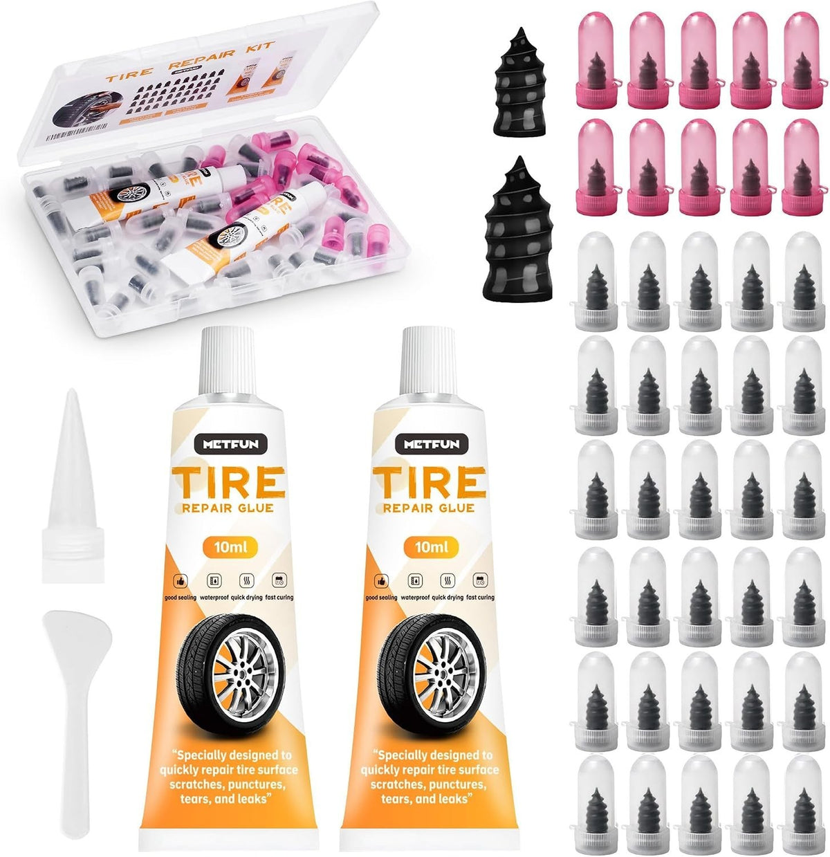 Tire Repair Kit with 40 Rubber Screws and Sealant Tubes for Tubeless Tires