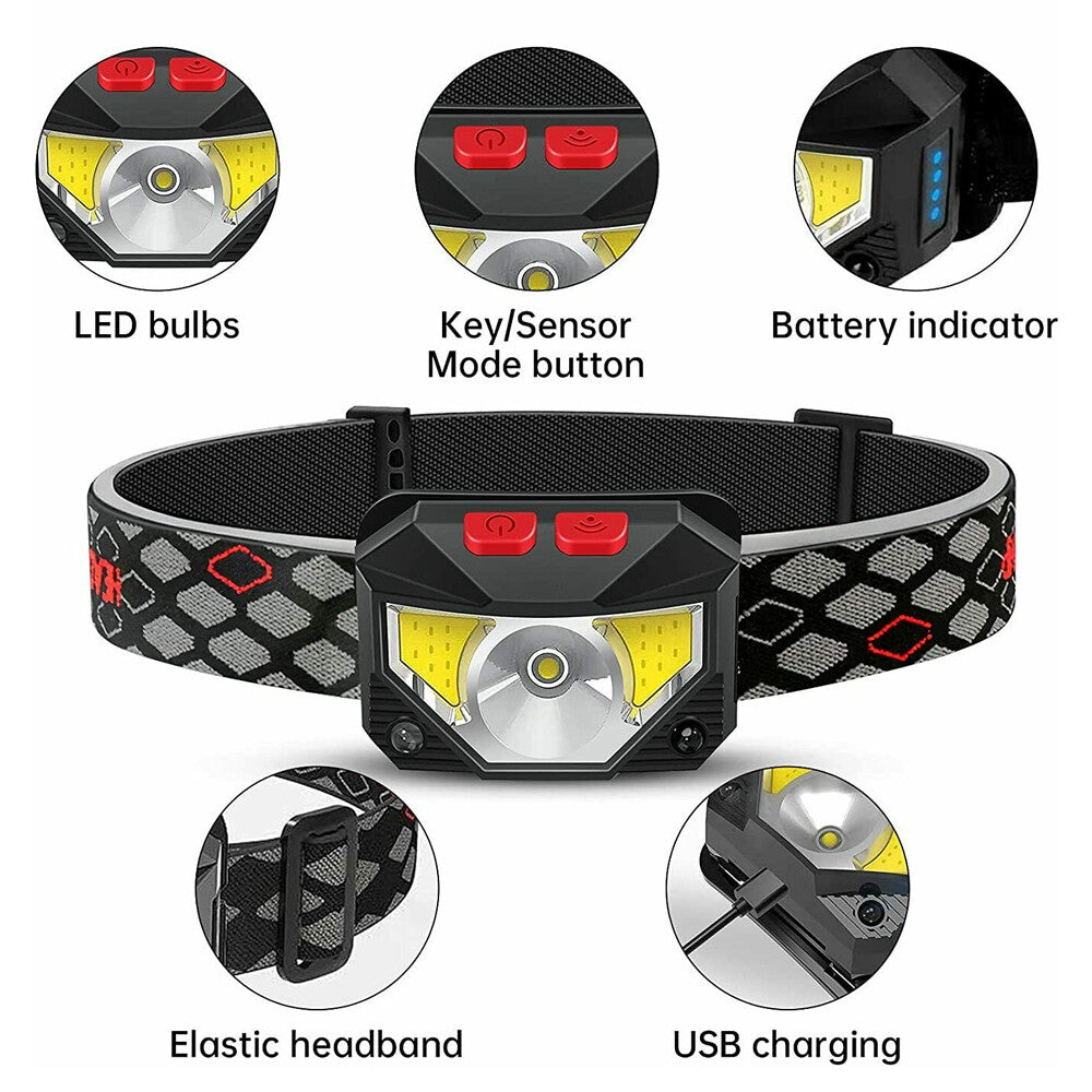 Rechargeable COB LED Headlamp Headlight with Sensor Waterproof Torch