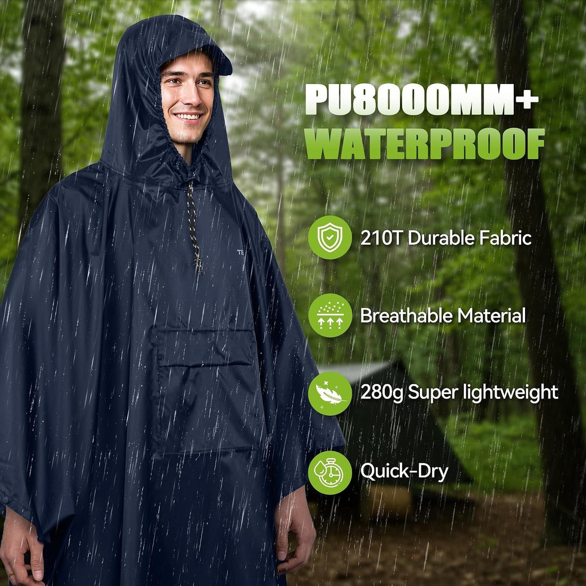 Adult Waterproof Rain Poncho with Hood and Pocket - Reusable Lightweight Outdoor Gear