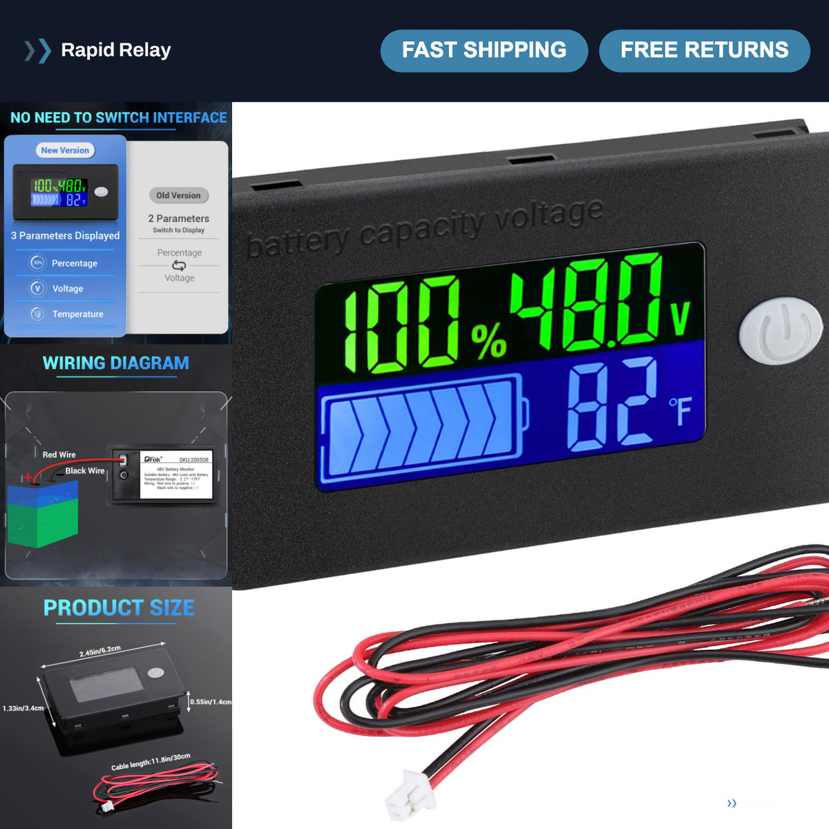 48V Lithium Battery Monitor with LCD Voltage & Temperature Gauge for Golf Carts