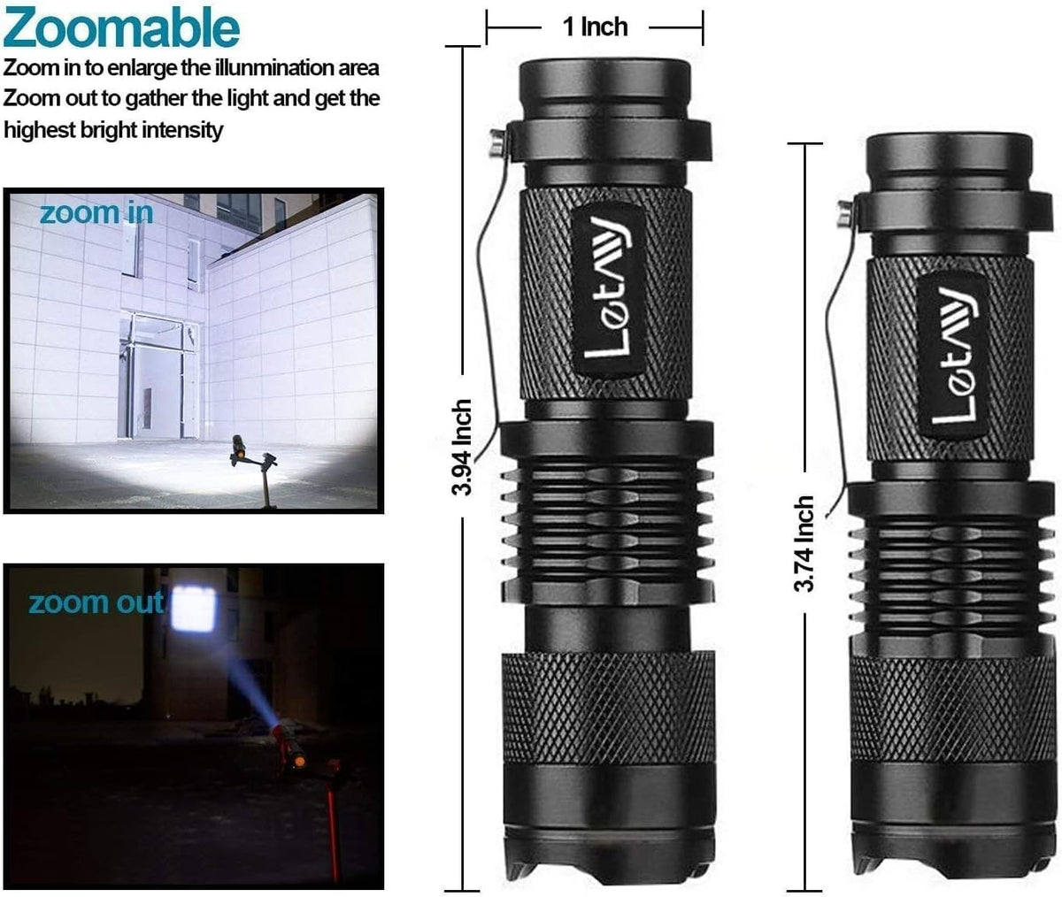 Mini Tactical Flashlight 2-Pack, Waterproof LED Zoomable EDC Light, 300 Lumens